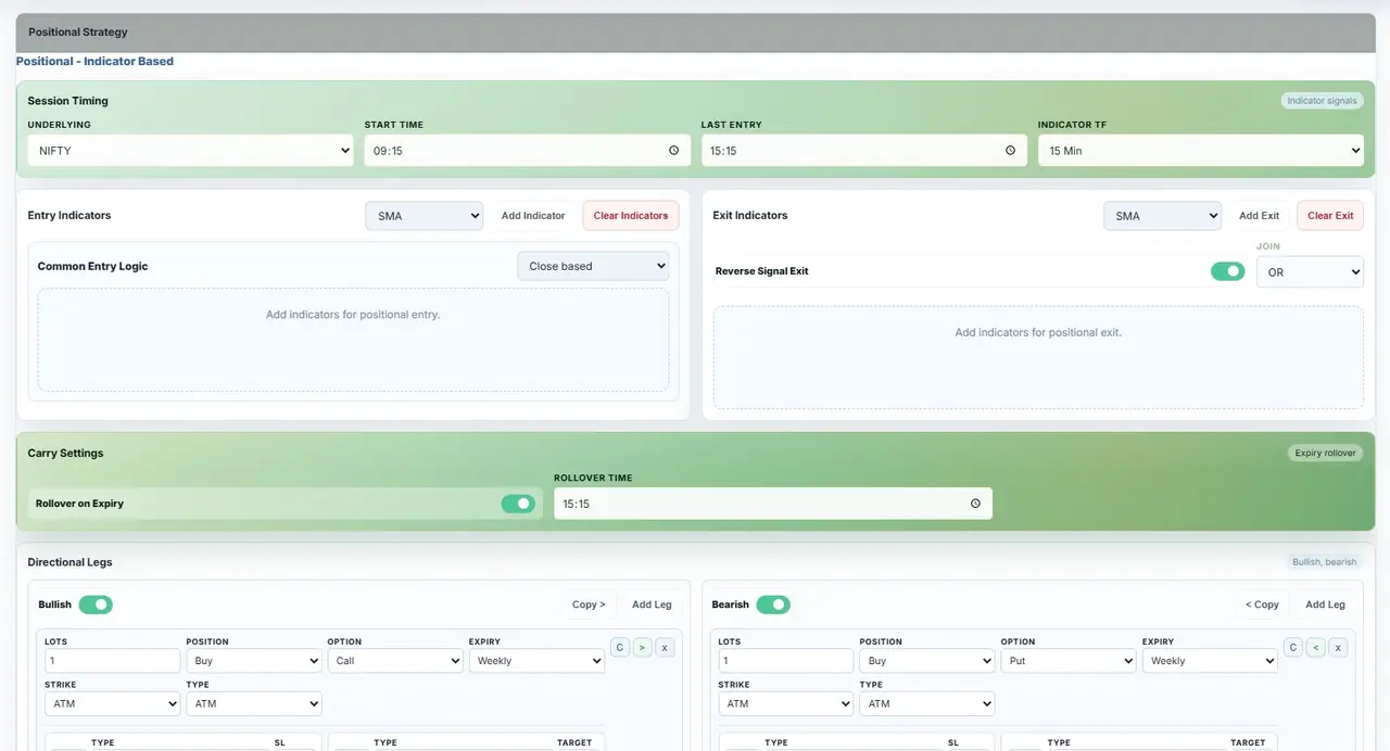 AlgoBacktest positional indicator based strategy builder